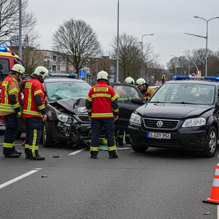 Car accident scene with emergency responders attending to damaged vehicles