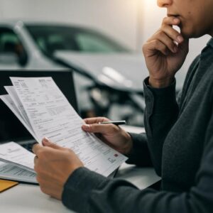 Individual reviewing medical bills and insurance documents after a car accident